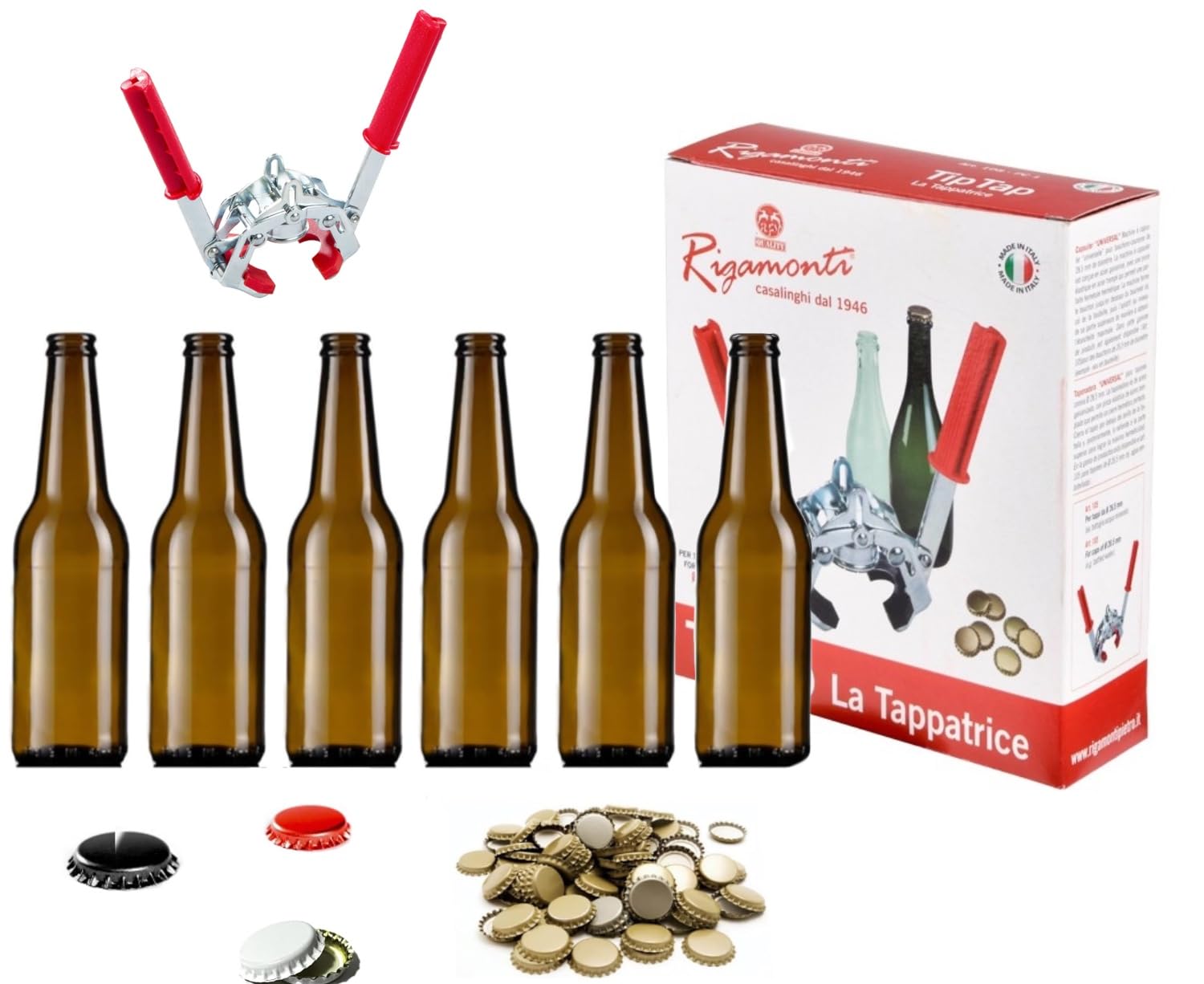 10 Pz Bottiglia Birra VETRO vuota 330 ml con tappi corona 26 mm LONGNECK in vetro di colore ambra Completa di Tappo Corona 26 mm e tappatrcie tip tap - KIT per fare la birra ARTIGIANALE