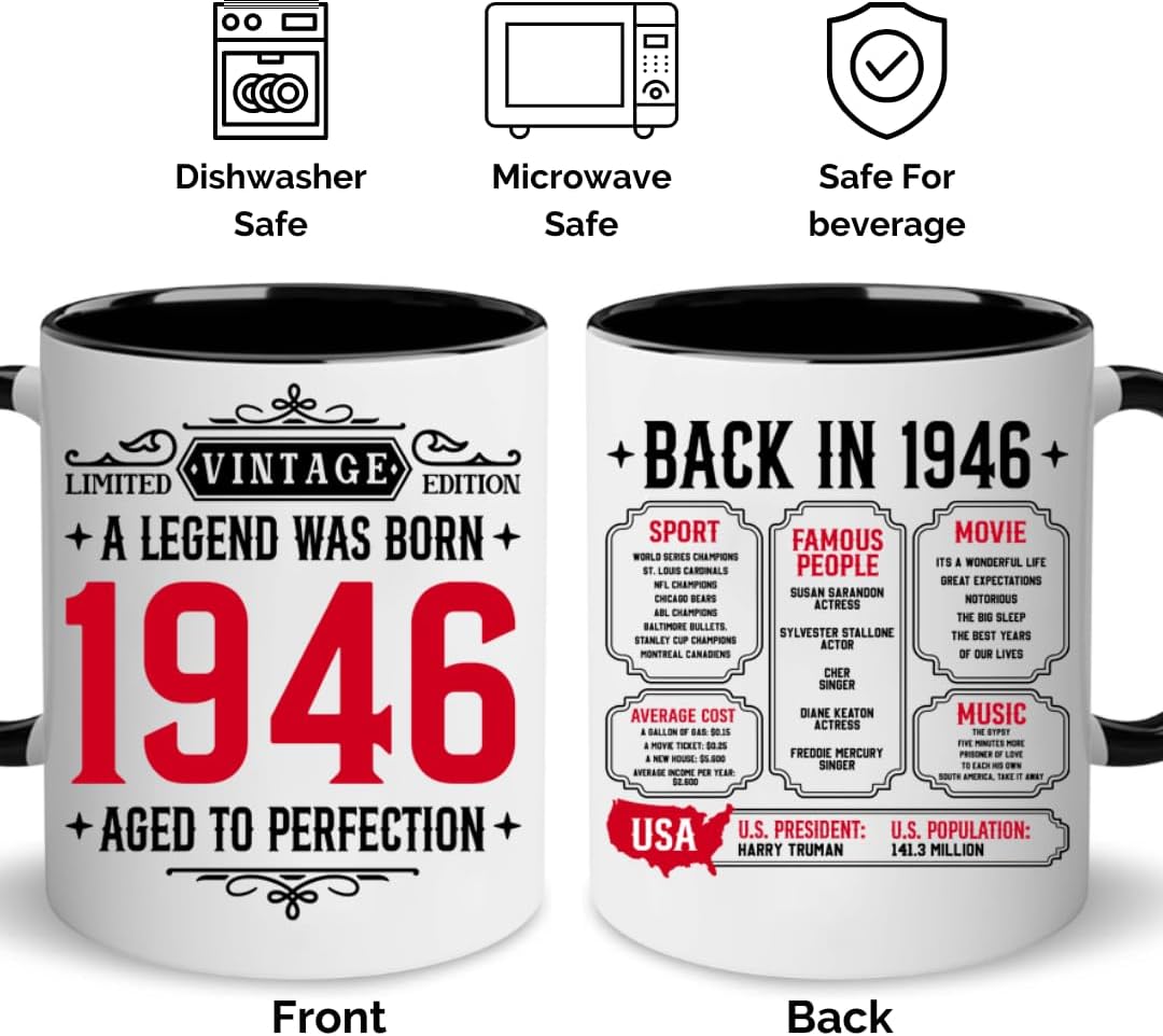 Vintage 1946 Coffee Mug 11Oz - Ideas Present for 80th Birthday Gifts for Men Women, 80 Year Old Gifts For Men Women, 1946 Eighty Birthday, Turning 80 Gifts For Man, Dad, Grandpa, 80th Birthday Cups - Image 3