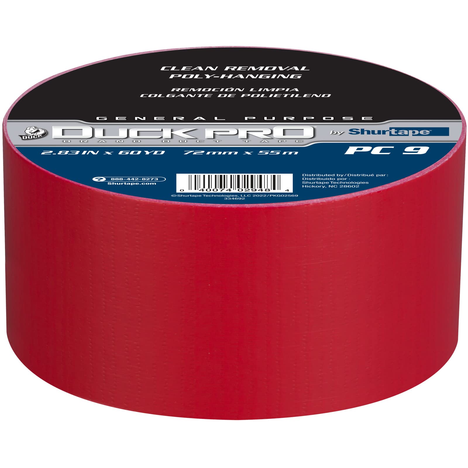 Duck Pro by Shurtape Contractor Grade, Colored Cloth Duct Tape for Industrial Color Coding, Sealing, Seaming and Splicing, 72mm x 60yds, 9.0 mil, Red,