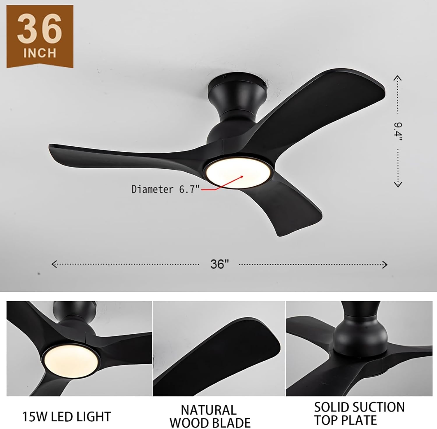 36 Inch Black Ceiling Fans with Lights, Flush Mount Ceiling Fan with Light, Modern Smart Wood Fan Light, 6-Speed Remote Control, Quiet Reversible Motor, Fans for Bedroom Study Room and Garage
