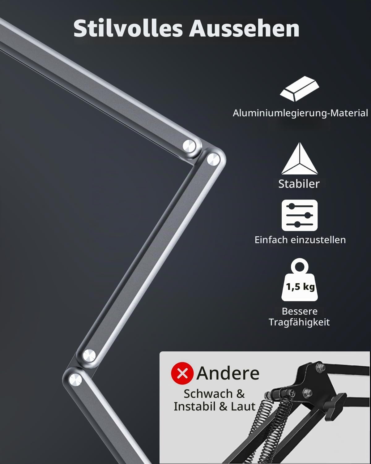 FULAIM Aluminium Mikrofon Arm kompatibel mit RODE Mikrofon, Einstellbarer Mikrofonständer für Shure Mic, Mikrofonarm mit 3/8"- 5/8" Adapter für Game Streaming Podcast Broadcast (Grau)