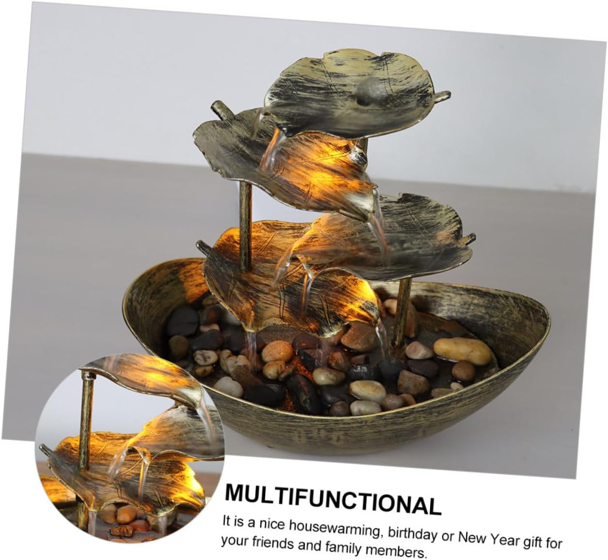 Creative Lotus Leaf Water Fountain LED Lights for Home Decoration Gold Color Decorative Tabletop Waterfall Ornament for Living Room and Entryway