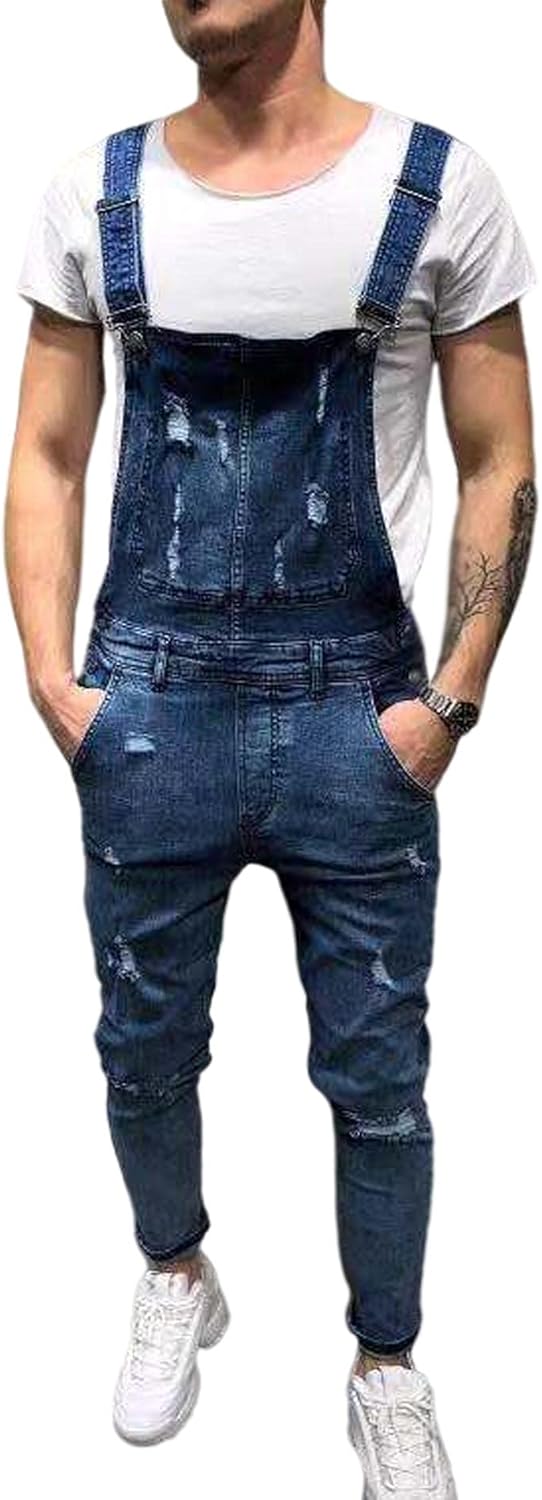 SOMTHRON Men's Denim Overalls Fashion Slim Fit Ripped Jeans Skinny Suspender Pants Distressed Jumpsuit Trousers