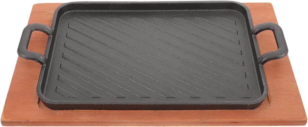 Yardwe Thickened Cast Iron Teppanyaki Grill Pan 12.6X7.5 Inches Square Grill Plate with Dual Handles for Even Heat Bbq Steak Cooking and Outdoor Grilling