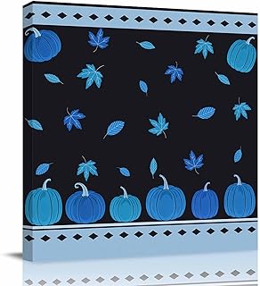Blue Pumpkin Wall Art Decor for Living Room Bedroom Kitchen Office Hotel, Fall Thanksgiving Boho Geometric Check Wooden Framed Canvas Picture Oil Painting with Wrapped Design - Ready To Hang 24"x24"