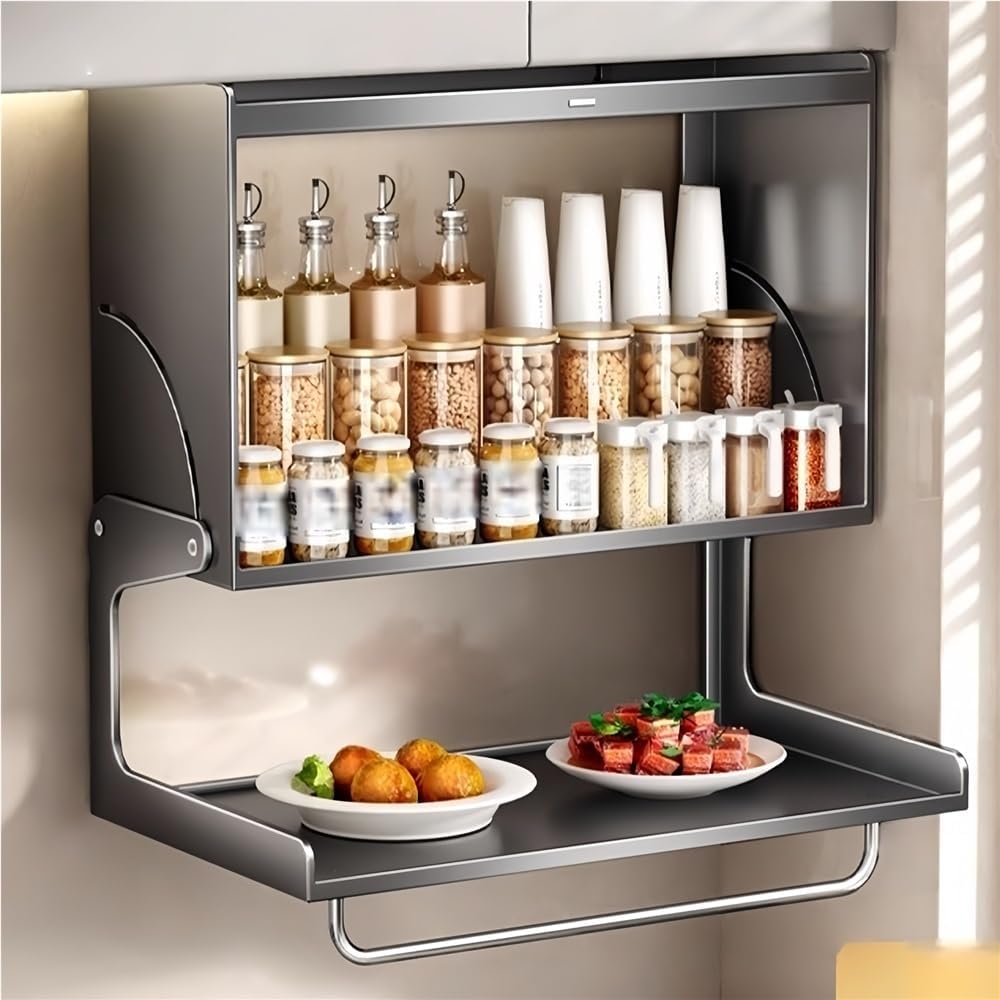 2-Tier Pull-Down Spice Rack, Wall Mounted Cabinet Shelf, Floating Shelves, Hanging Storage Spice Cabinets for Kitchen(White,14.17 * 6.29in)