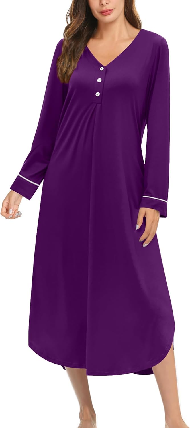 Ekouaer Nightgowns for Women Long Sleeve Nightgown Long Sleepwear Button Down Sleep Shirt Soft Night Gown S-4XL