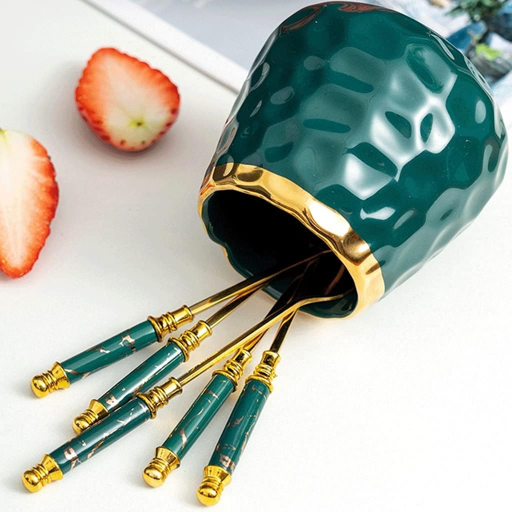 Cutlery set Stainless Steel Fruit Fork Cutlery Set, with Ceramic Storage Jar Dessert Fork Silverware Set, Luxury Salad Forks Flatware Sets, Green