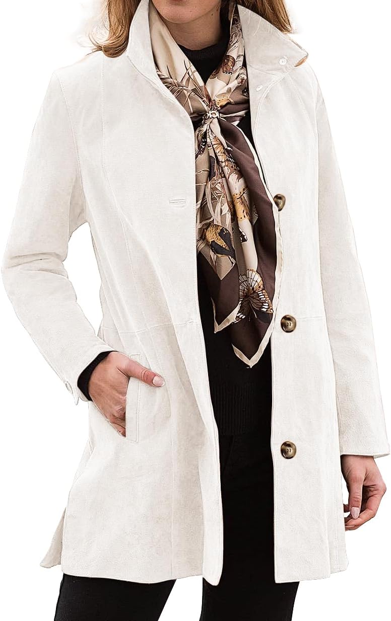 Womens Winter Suede Coat Stand Collar Single Breasted Overcoat with Pockets Mid Length Trench Coats