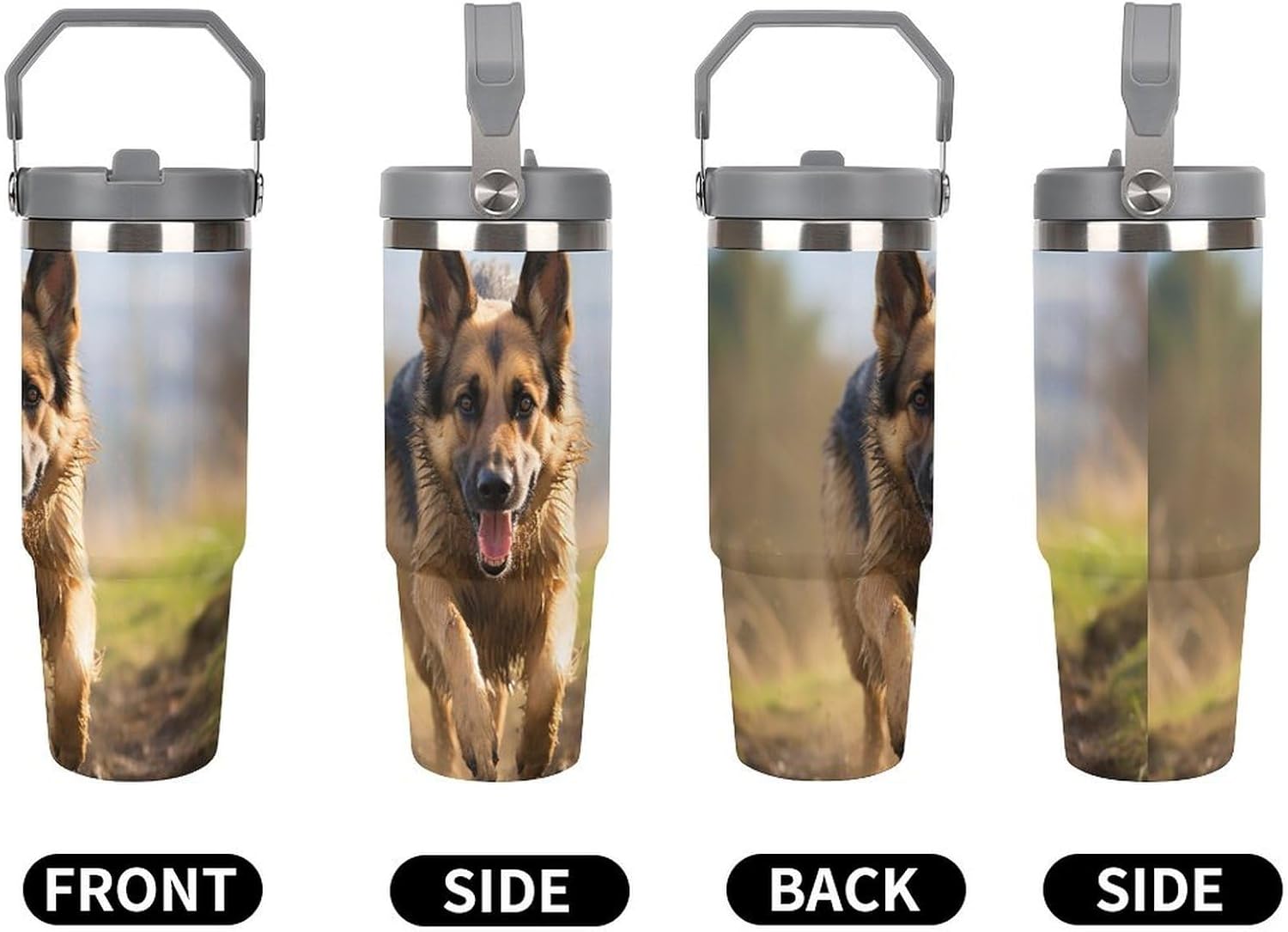 30oz Insulated Tumblers with Top Handle, Stainless Steel Running German Shepherd Dog Car Cup with Straw for Gift, Leak-Proof Double Wall Vacuum Travel Mug, Personalized Water Bottles White