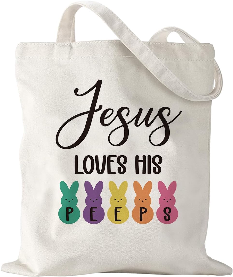 Christian Easter Bunny Canvas Tote Bag for Women, Funny Peeps Rabbit Shopping Grocery Beach Bag Gifts for Women Jesus Loves His Peeps
