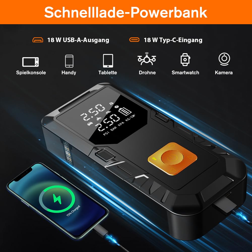 Junsun Auto Starthilfe Luftpump Powerbank 450A 12V 18W 12000mAh Junmper Starter mit Bildschirm 6.5L Gas, 5.0L Diesel Luftpump für Auto, Motorrad, Bälle