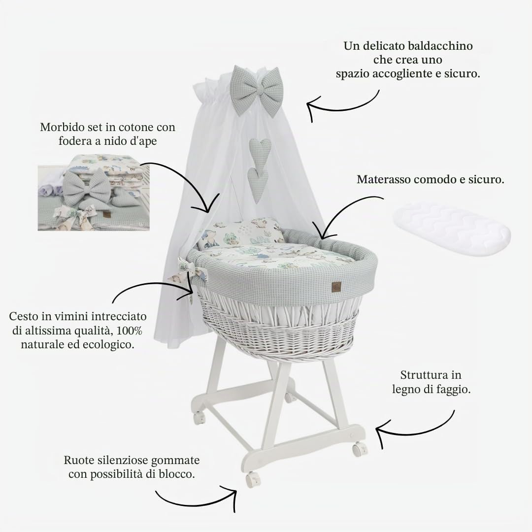 Wiklinopol Cestino Moses con baldacchino Lena – Culla in vimini con struttura – Cestino bianco, set completo con biancheria a nido d’ape 5 pz. Riccio & amici bianco – Con ruote, portatile, sicuro