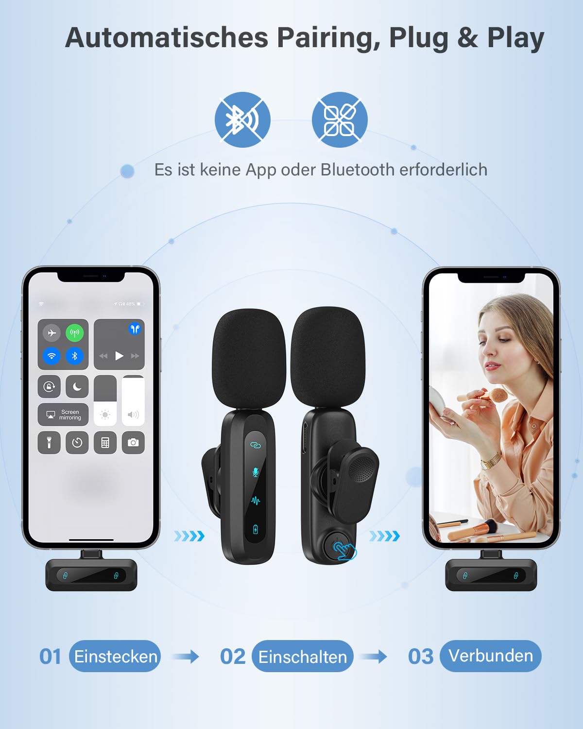 Kabelloses Lavalier-Mikrofon für iPhone, iPad, Android-Handy, 2er-Pack Mini-Mikrofon mit Rauschunterdrückung, Auto-Pairing und Stummschaltung und Reverb für Vlogging, Videoaufnahmen, TikTok, YouTube