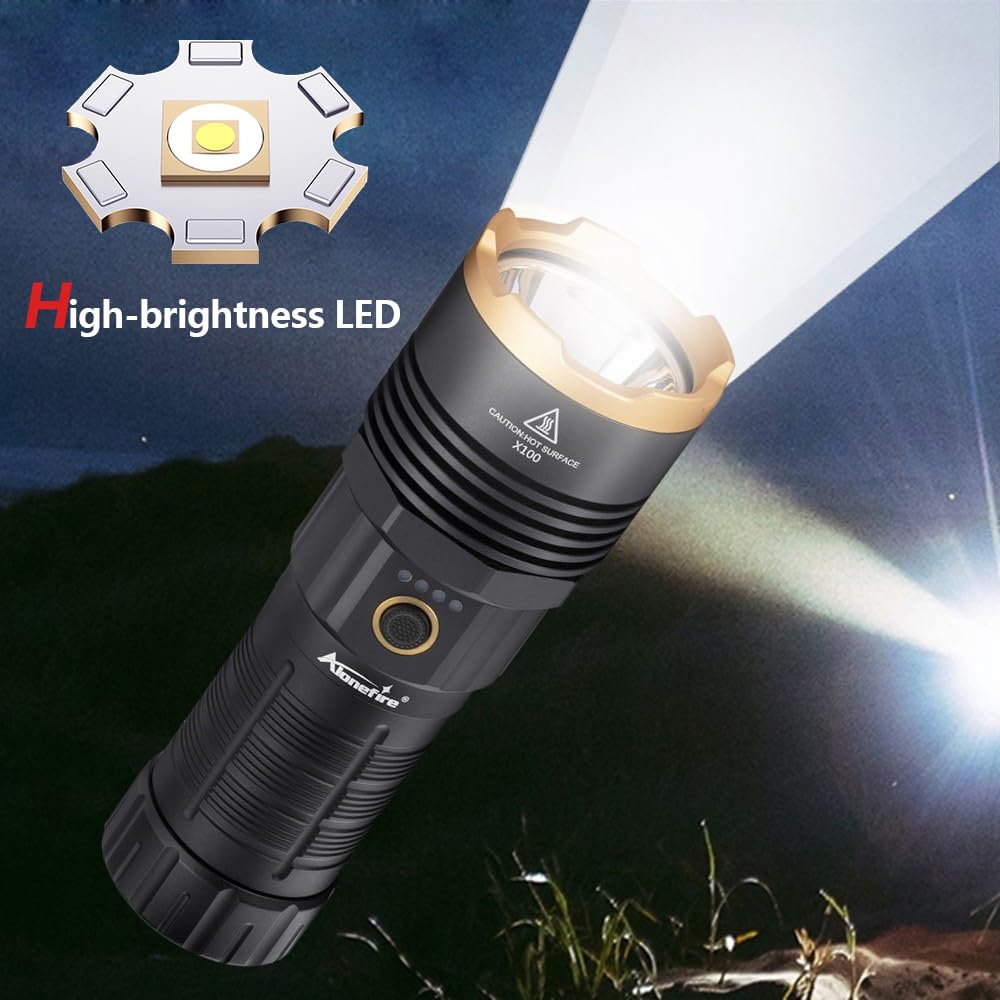 Alonefire X100 Lampe Torche LED Ultra Puissante 2050 Lumens USB C Rechargeable 5 modes Réglables étanche avec Charge Inversée et Batterie pour Camping, Randonnées Maison