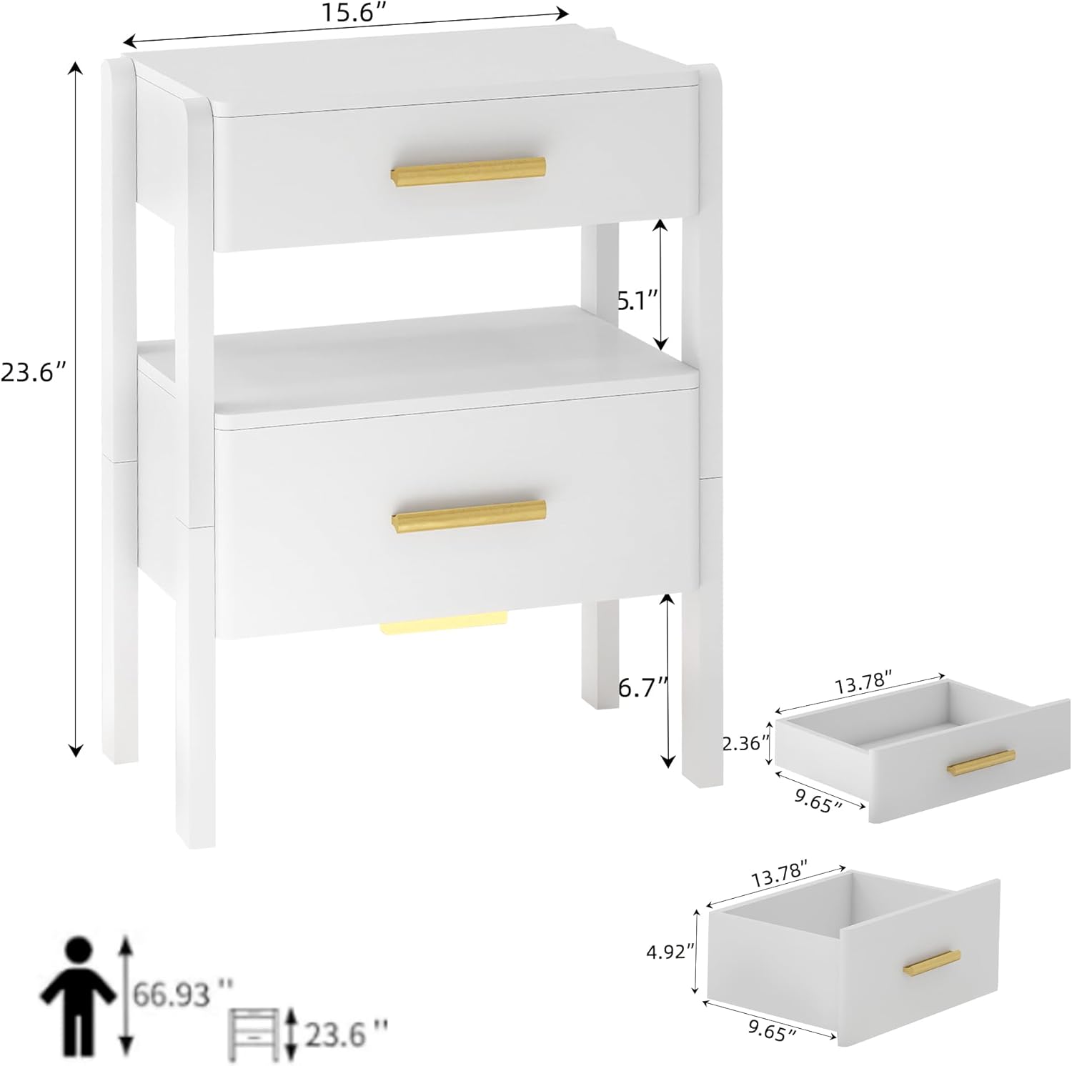 Nightstand with 2 Drawers and Open Shelf Wooden Bedside Table Gold Handles Modern Storage Night Stand Sensor Light for Bedroom, White