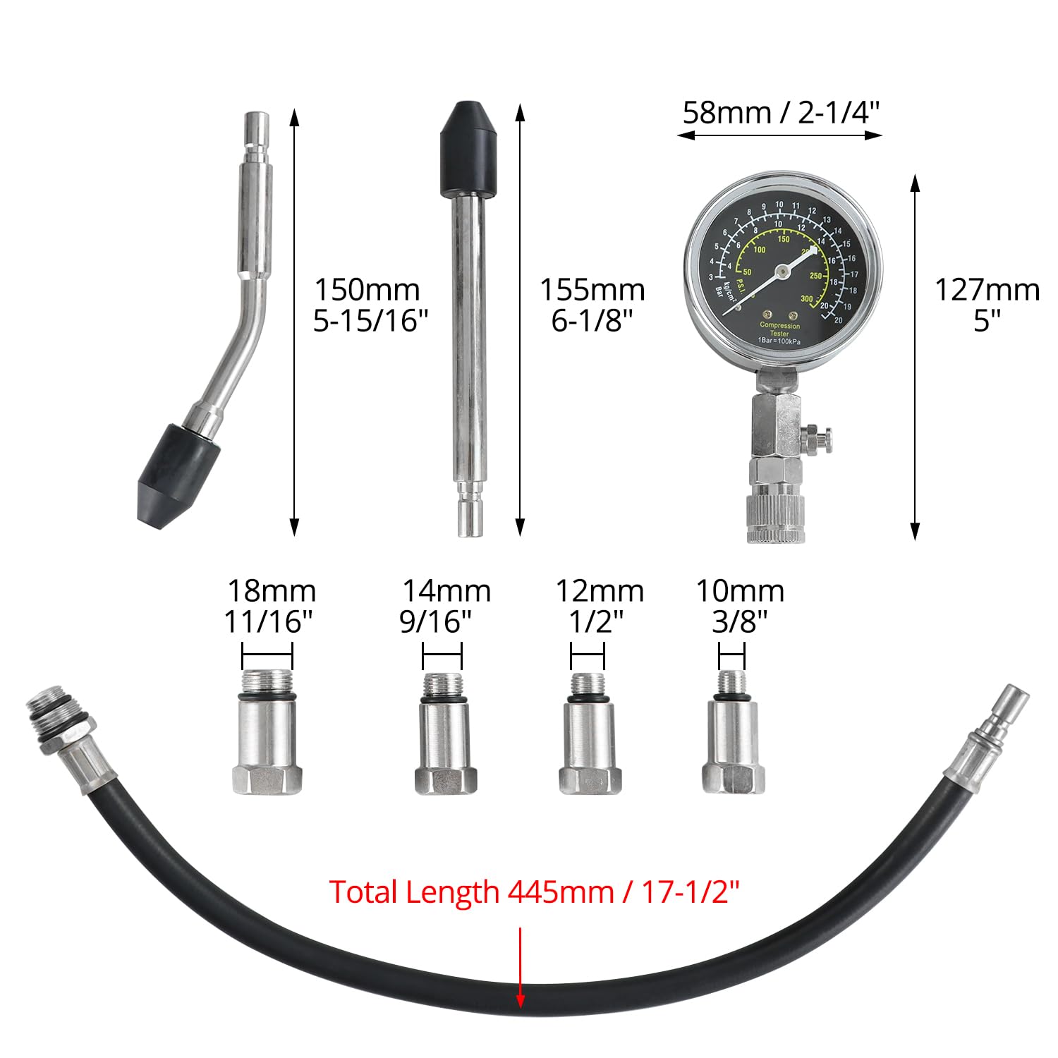 QWORK® Juego de comprobador de compresión para motores de gasolina, medidor de compresión del cilindro del motor con rango de medición de 300 PSI, incluye adaptador M10 M12 M14 M18