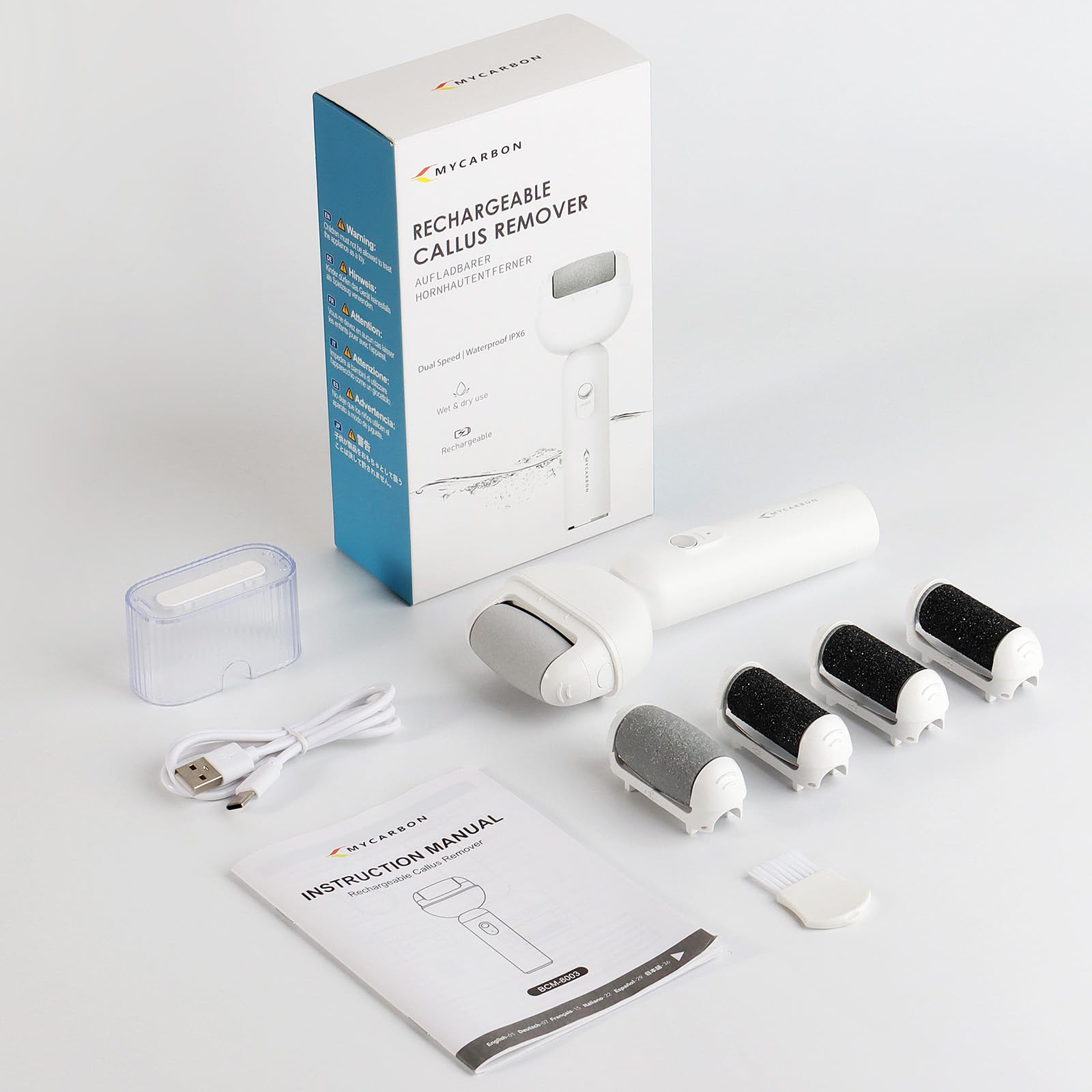 MYCARBON Rapeuse Pieds Électrique Puissante avec 5 Rouleaux de Rechange IPX6 Étanche Ponceuse Pied Pédicure Professionel Sans Fil Râpe Pied Rechargeable Soins Pieds Anti Callosités et Corne, BCM-8003