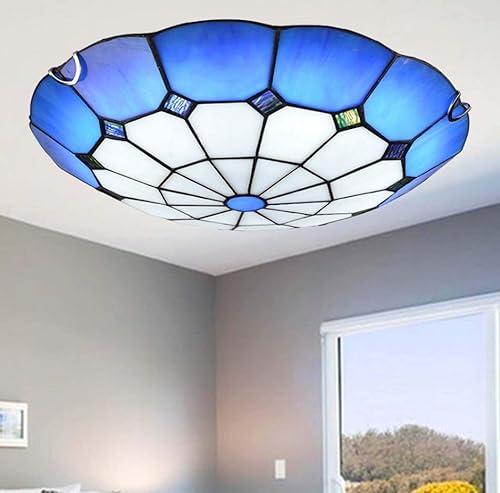 Lámpara de techo LED estilo Tiffany hecha a mano en color azul, de cristal inoxidable, con montaje empotrado, para iluminación de dormitorio, chip