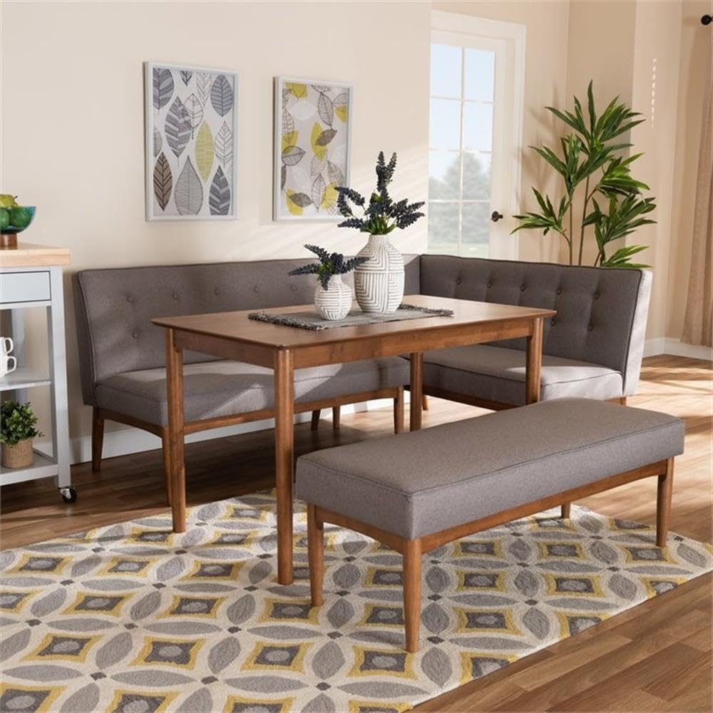 BOWERY HILL Modern Tufted Fabric 4-Piece Wood Dining Nook Set, Walnut Brown Finish, Gray Polyester Upholstery, Mid-Century Style, Includes Table, Corner Sofa Bench, Bench, Compact Dining Room