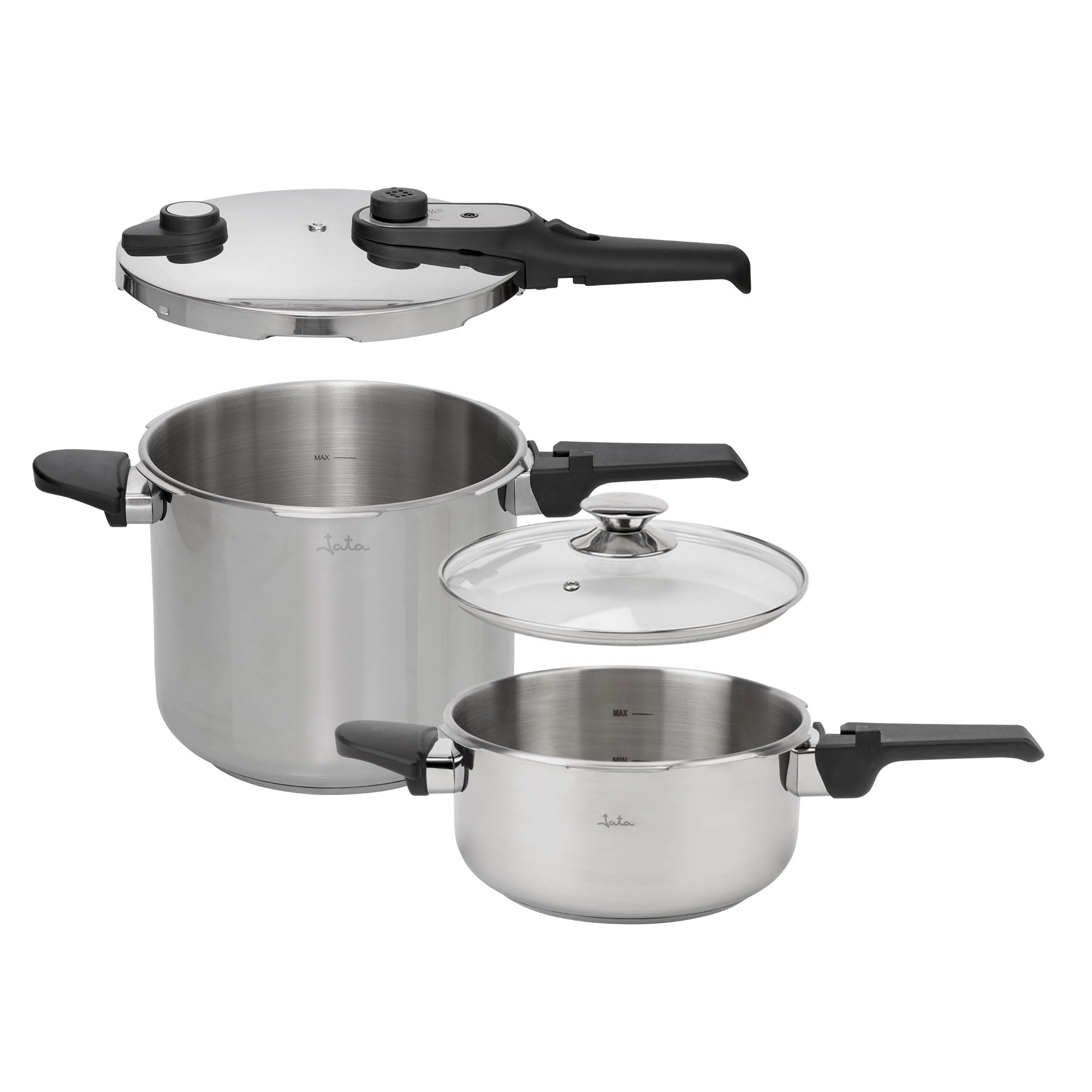 JATA HOGAR HOLL2547 - Ollas a Presión Express 4L + 7L Acero Inoxidable SUS304, Inducción, 2 Niveles de Presión, Triple Sistema de Seguridad, Tapa Cristal, Fondo Difusor