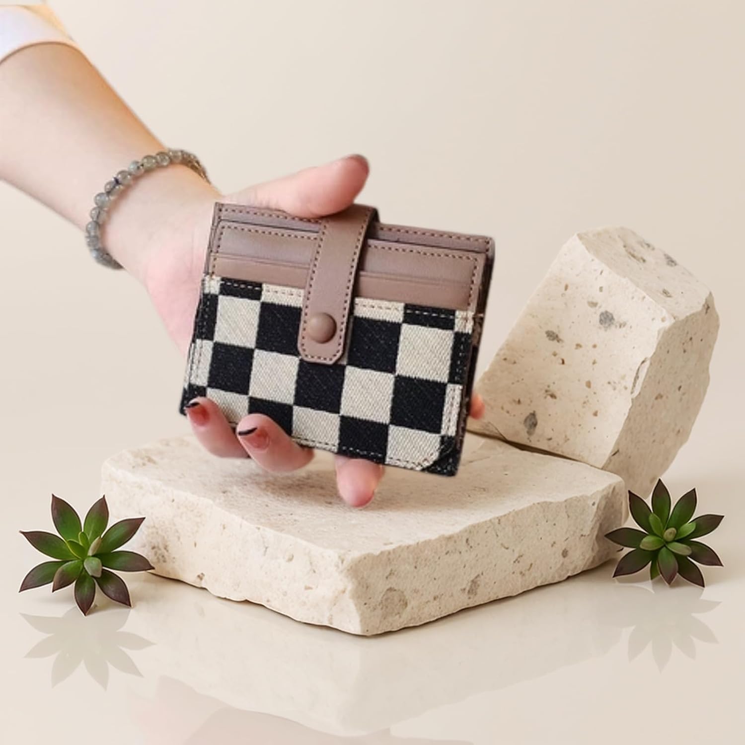 Cute Slim Checkered Canvas Wallet for Women Compact Front Pocket Credit Card Case, Minimalist Purse for Cards (Khaki) - Image 4