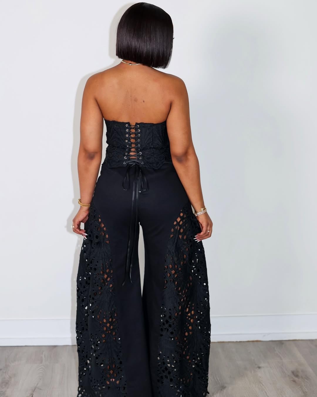 Mandonce 2 Piece Sets for Women Off Shoulder Lace Tube Top and Lace Flowy Wide Leg Pants Beach Vacation Sexy Outfit Going Out - Image 5