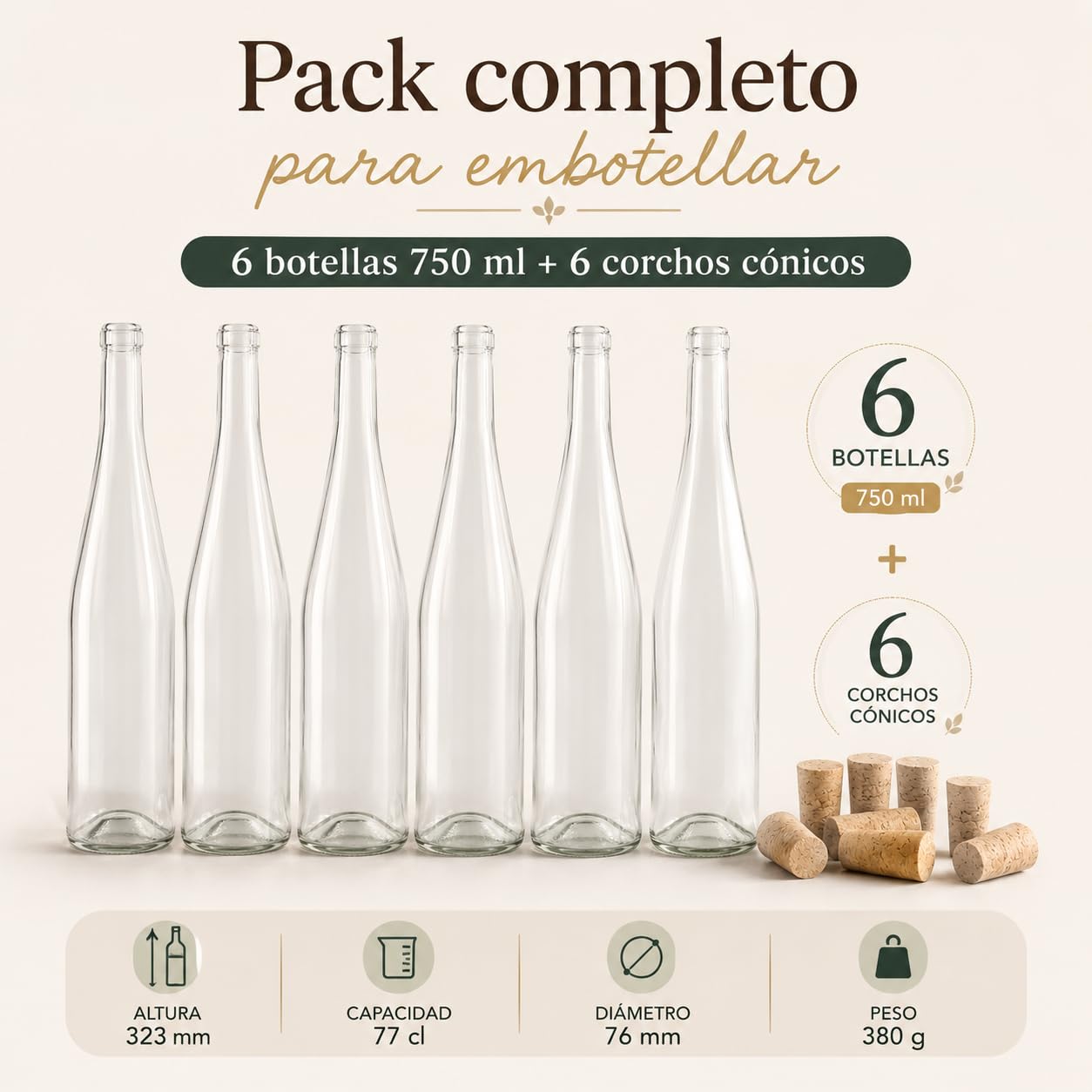 Botellas Vacías para Vino 750 ml Vidrio Transparente Pack 6 Corcho Cónico