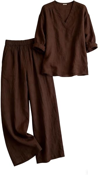 Ensemble Femme Chic Et Elegant en Lin Ete Deux Pièces Grande Taill Chemise Manches Longues Col V Et Décontracté Pantalon Taille Tenue Couleur Unie Ensemble Pantalon Léger de Plage Jogging Outfit Set - 4