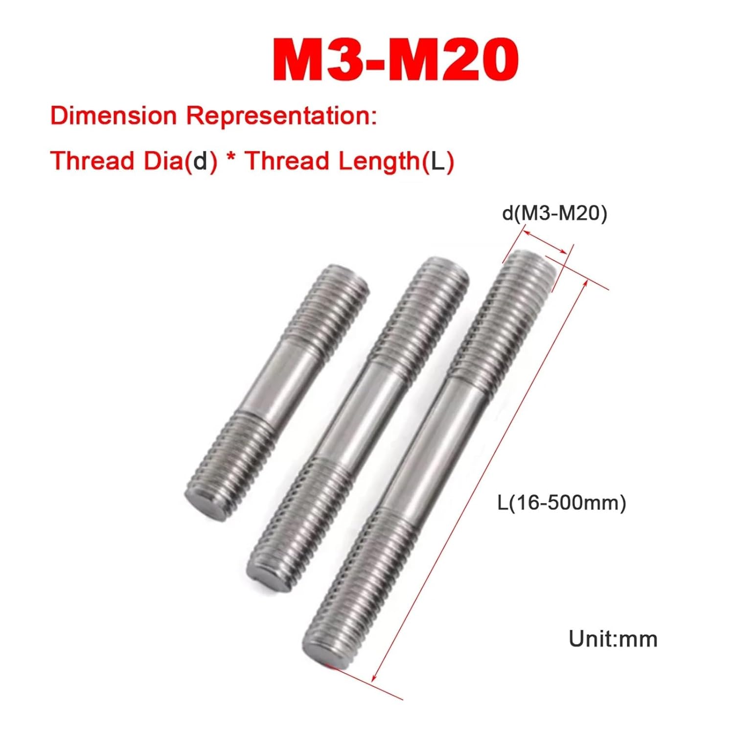 Double End Threaded Stud Screw Bolt M3 M4-M12 304 Stainless Steel Double Screw Rod Bolt Stud(5pcs M10X40)