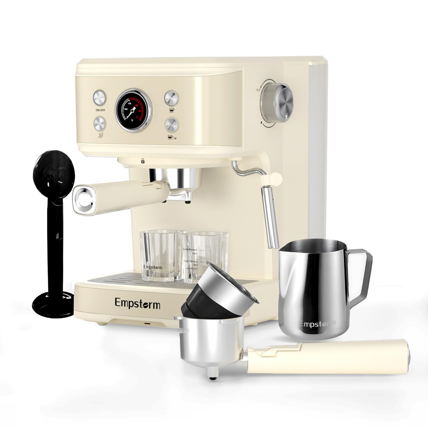 2 in 1 Espresso Maker 20 Bar and Stainless Steel Milk Frothing Pitcher 12 Oz with Decorating Pen, 2 Pack Shot Glasses Measuring Cup, 2oz Espresso Shot Glass