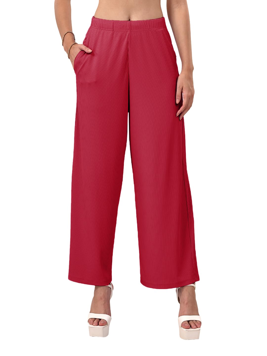 lyra Women’s Ribbed Palazzo Pants | Soft Stretch Fabric | Elasticated Waist with Drawstring | Side Pockets | Comfortable Flared Fit | Casual-picture-36