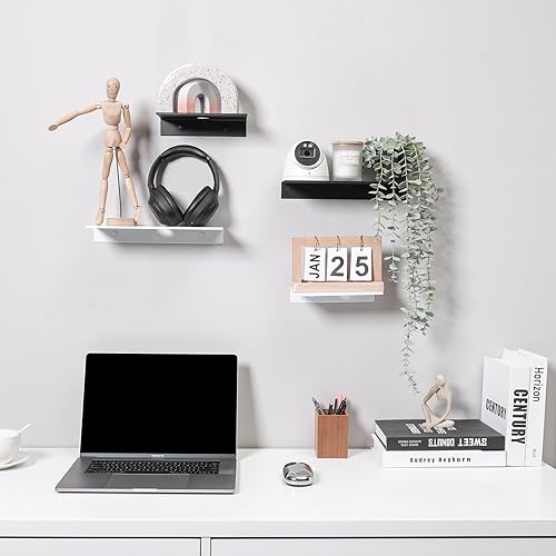 Miniatura 6 de Z metnal Pequeños estantes flotantes, mini estante para altavoces, estantes de metal autoadhesivos para montaje en pared con clip para cable,