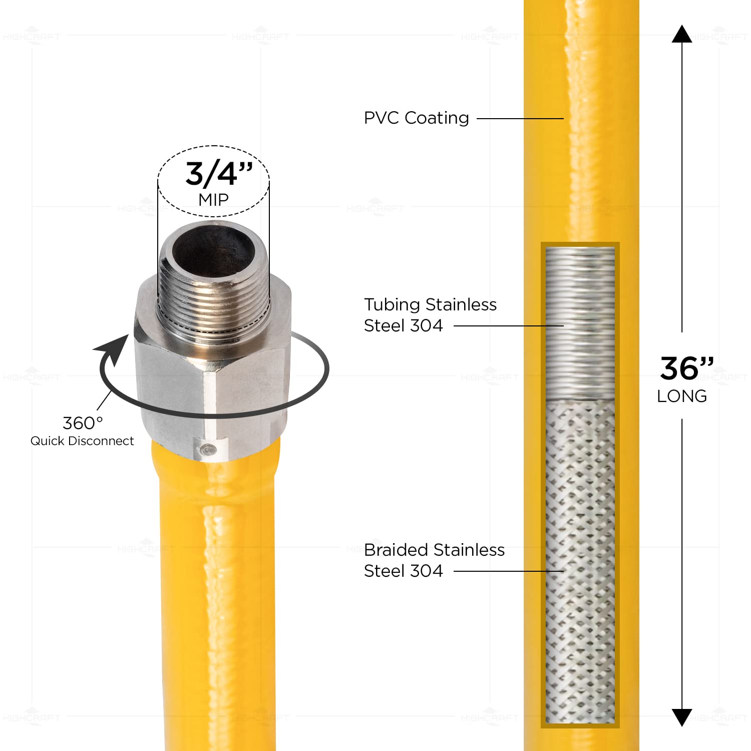 ftgc-bl34 – 36 N 36 Inch Flexible de largo servicio de alimentos con revestimiento de PVC Conector de Gas con interior de 3/4 pulgadas de diámetro y 3/4 pulgadas x 3/4 pulgadas MIP conecta, tubo de acero inoxidable trenzado, resistencia a la corrosión