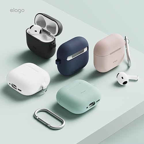 Miniatura 6 de elago Funda compatible con AirPods 4  Funda de silicona premium con mosquetón, soporta carga inalámbrica, resistente a golpes, protección completa,
