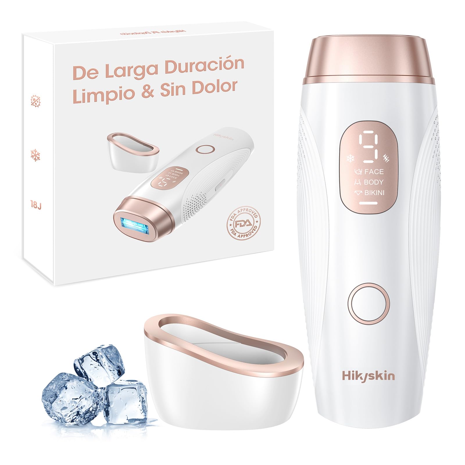 Hikyskin Depiladora Laser Congelada Indolora - 10 Minutos de Depilación Corporal Completa, Depiladora Luz Pulsada con Base Limpiadora, Apta para Mujeres, Hombres, Bikini, Cara, Cuerpo, Blanco