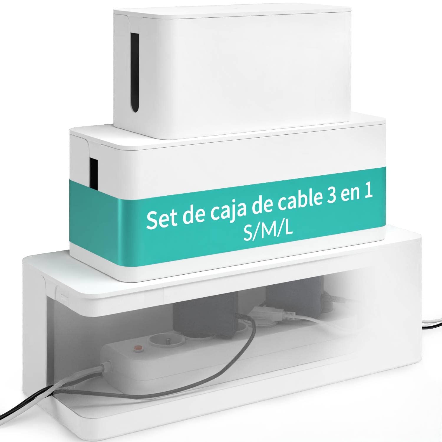 ACROPAQ Caja esconder cables -3 en 1, Pequeño, Medio y Grande, Organizador para Ocultar fácilmente los cables y enchufes, Impermeable, Antideslizante - Blanco