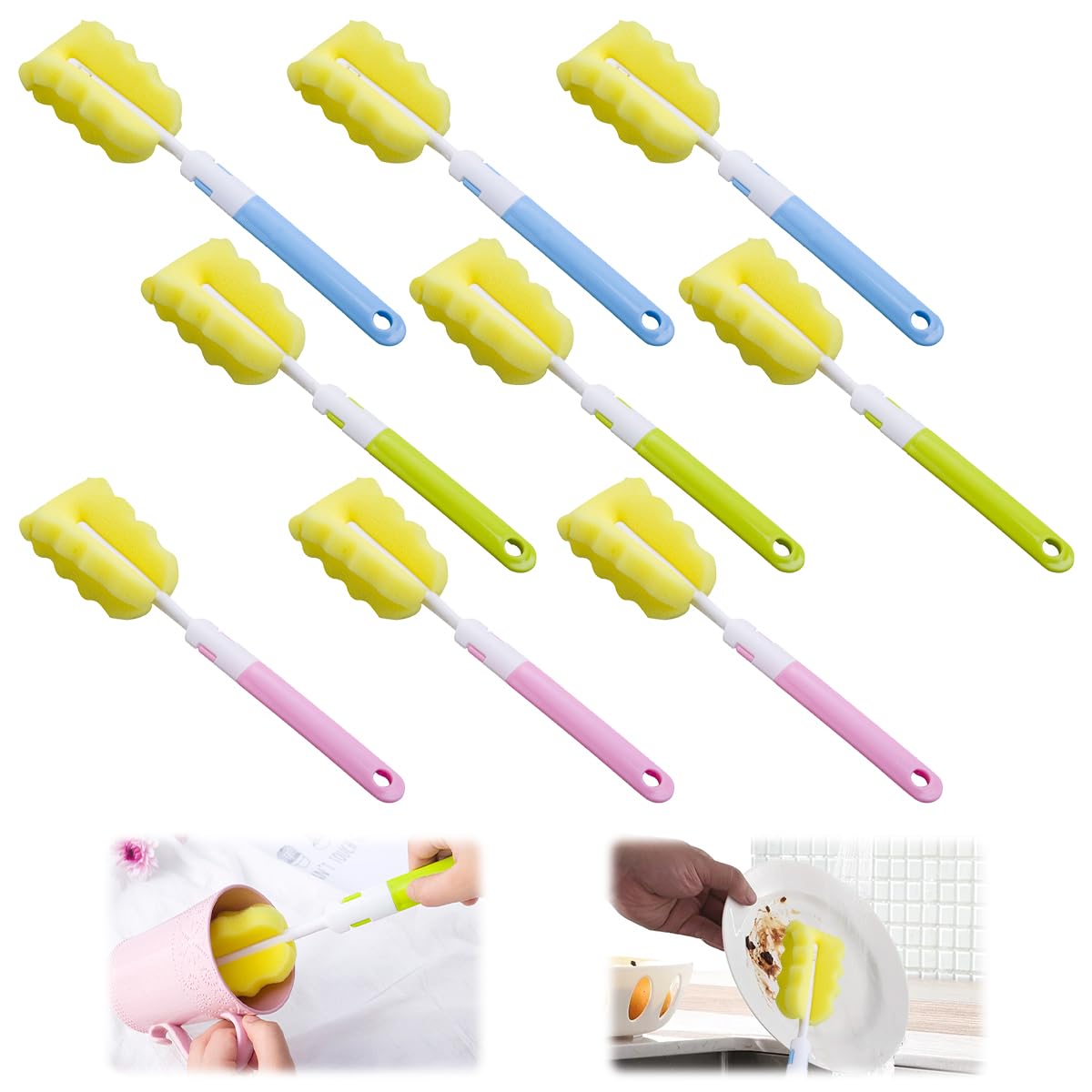 9 Brosses à Bouteille éponge Souples - 27,8 Cm - Bleu, Vert, Rose - Pour Biberons, Carafes, Thermos, Bouteilles De Vin