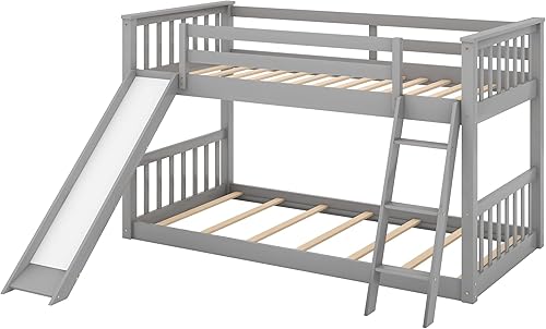 Miniatura 7 de Litera individual sobre individual con tobogán litera de suelo con tobogán convertible y escalera marco de cama baja de madera para niños