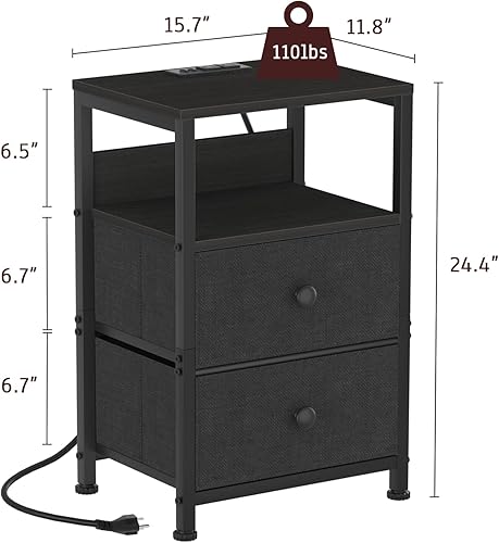 Miniatura 3 de Mesita de noche con estación de carga y puertos USB, mesa auxiliar con cajones de tela, estante de almacenamiento, mesa auxiliar para sofá cama,