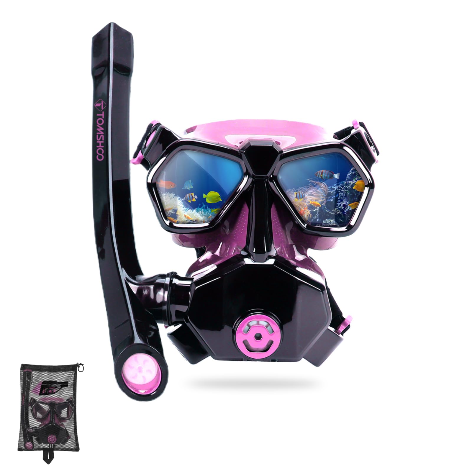 TOMSHOO Snorkel Set Snorkeling Gear for Adults Panoramic Wide View Scuba Diving Mask Anti Fog Tempered Glass Swim Mask Professional Snorkeling Packages (Black Pink)