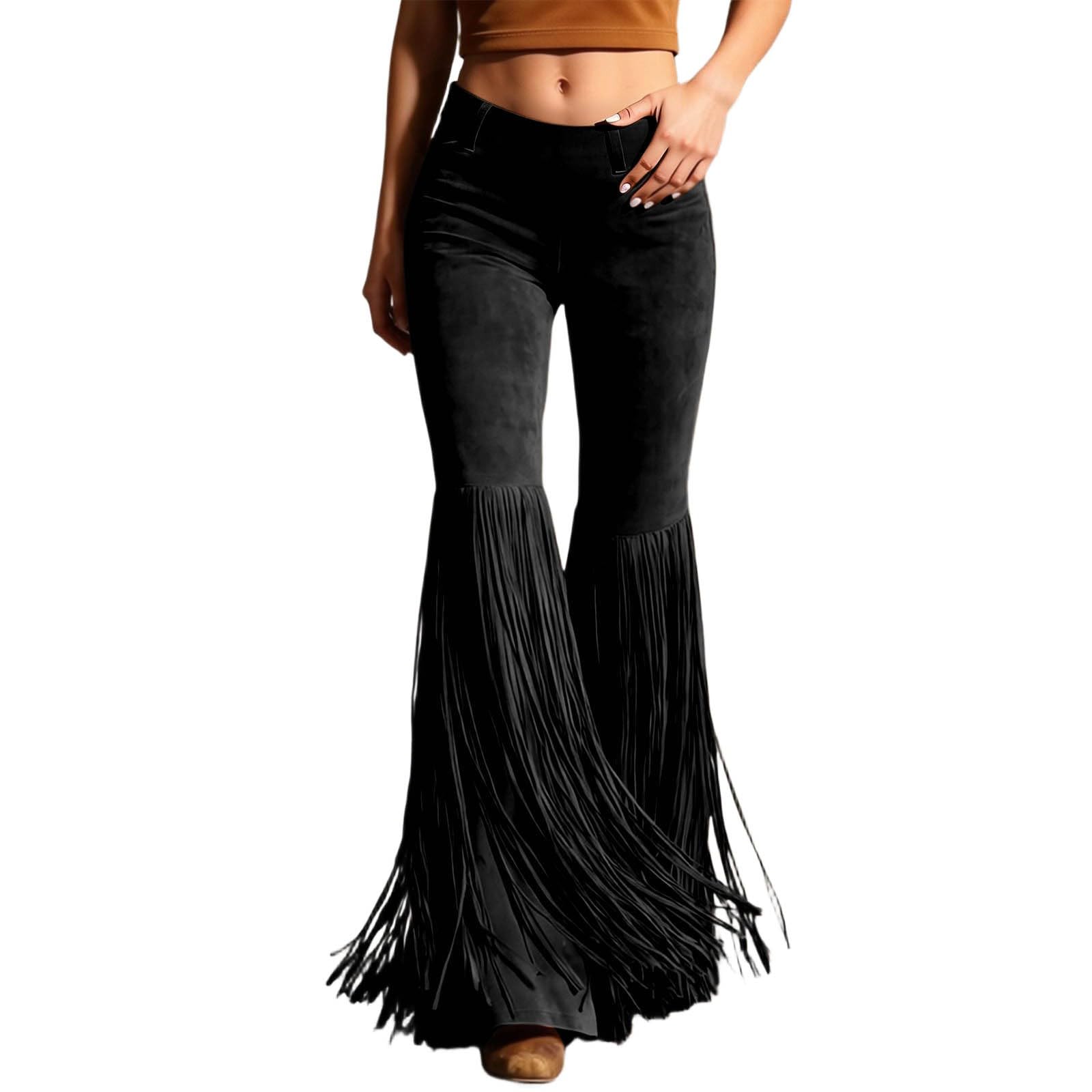 Eauptffy Women's Vintage Faux Suede Cowgirl Riding Trousers Long Chaps Pants with Fringes Hippie Trousers Retro Western Cosplay Cowboy Costume Black XL