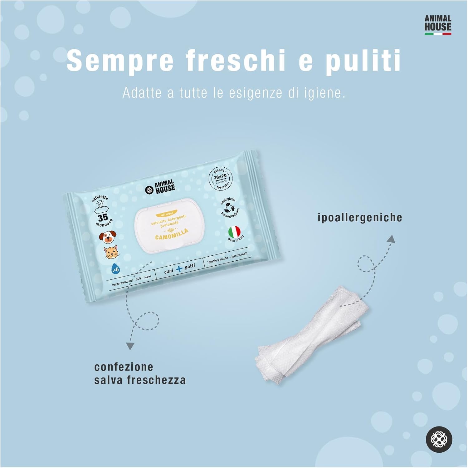 Animal House Salviette Profumate 350 PZ: Salviette Umidificate Ipoallergeniche e Biodegradabili per la Pulizia Quotidiana di Cani e Gatti (350, CAMOMILLA)