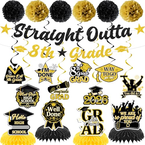 FodeMoraka 8Th Grade Graduation Decorations - 20 Pcs Black Gold Congrats Grad Party Supplies for Class of 2026 Eighth Students Pre-strung Banner Hanging Swirls Paper Pom Poms Centerpieces Decor Set