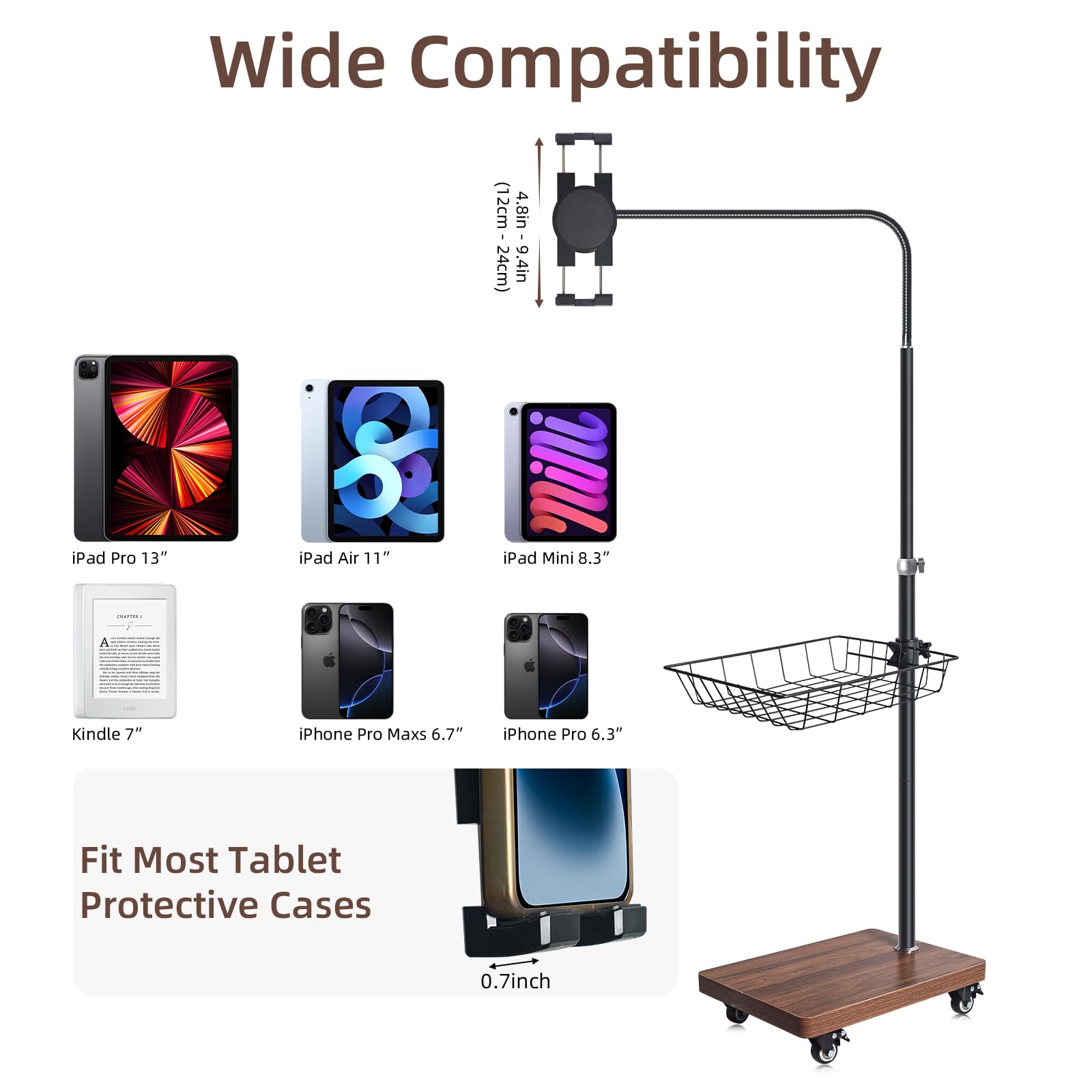 Verstellbarer Boden-Tablet-Ständer mit Rollfuß, flexibler Schwanenhals-Halterung, Holzplattform, mobiler Gerätehalter für den Innenbereich