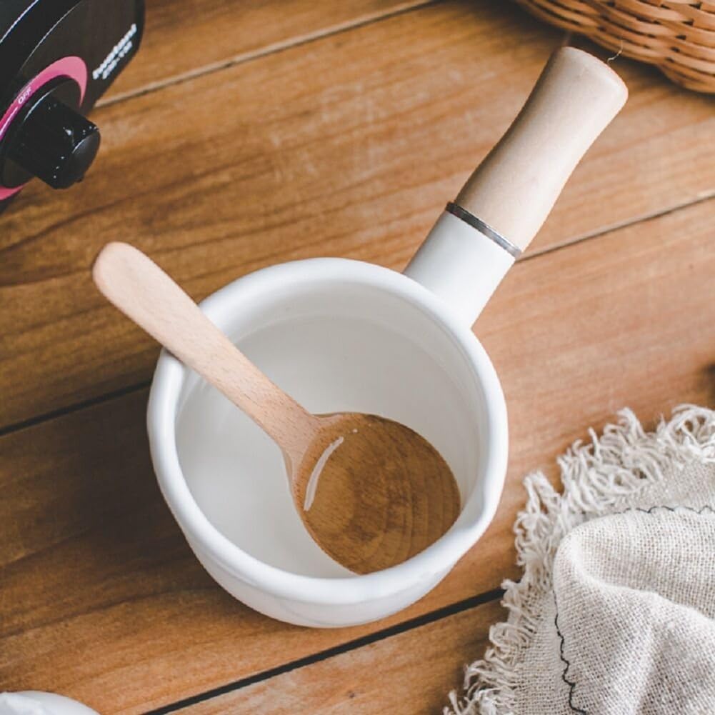 2X Enamel Milk Pan, Mini Butter Warmer 10cm Saucepan Pan Cookware with Wooden Handle, for Heating Small Liquid Portions