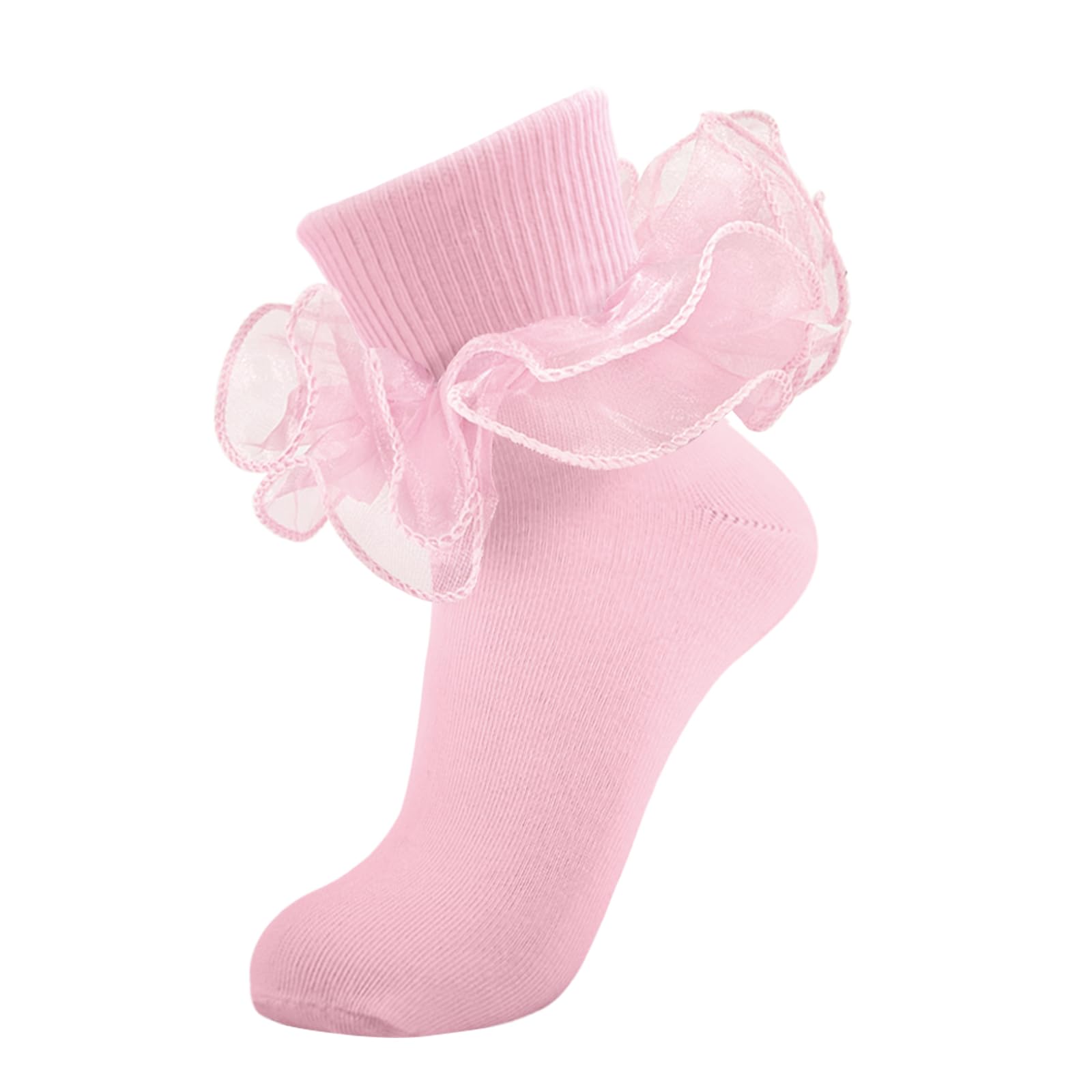 MKYSZLT Women Big Ruffle Ankle Socks Adult Double Lace Frilly Socks Fold Cuff Cotton Ruffled Dress Crew Bobby Bride Sock, Pink - 1 Pair, 4.5-8 UK