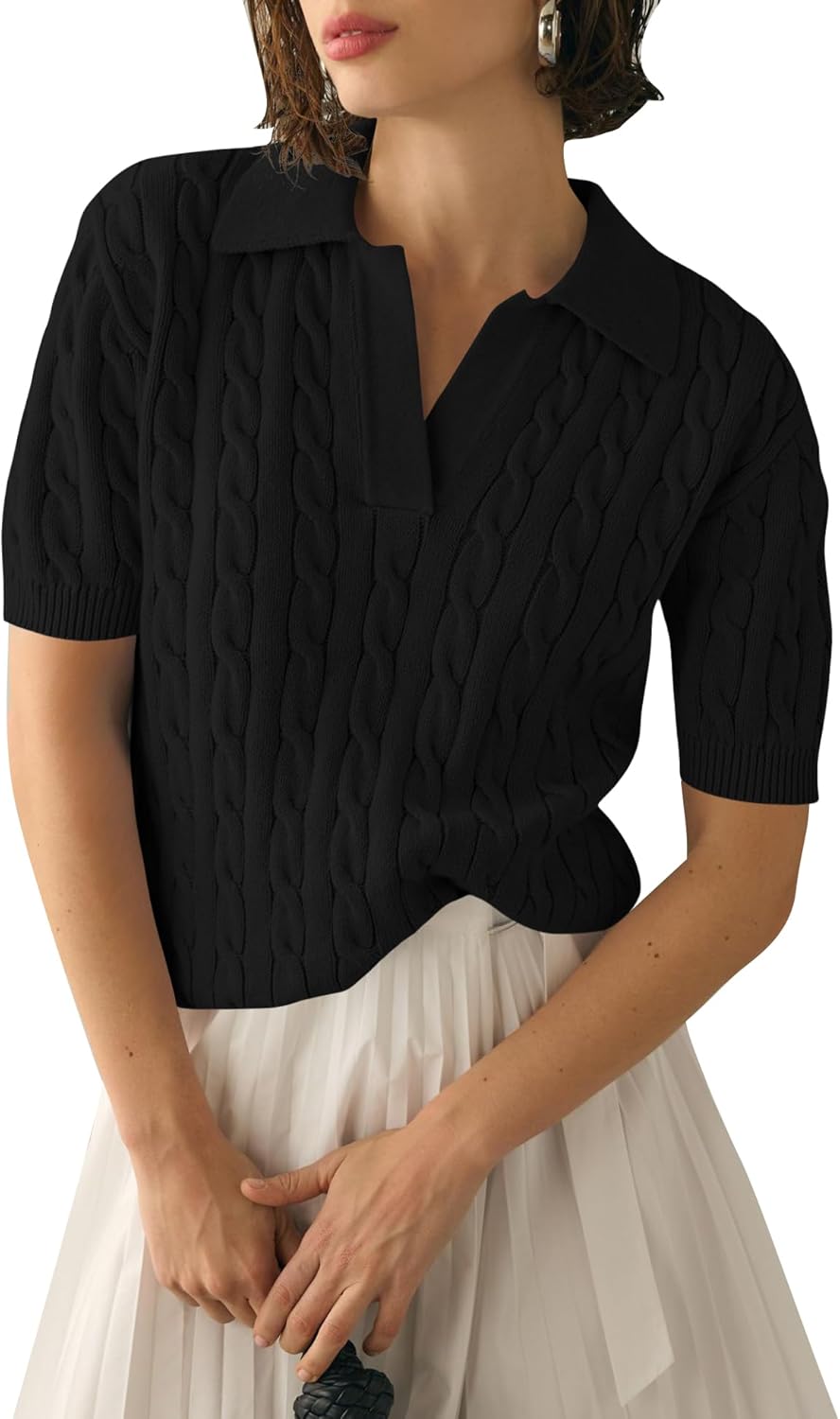 Micoson Womens Short Sleeve Sweater Tops Lapel V Neck Polo Shirts 2026 Summer Cable Knit Blouses Business Casual Outfits