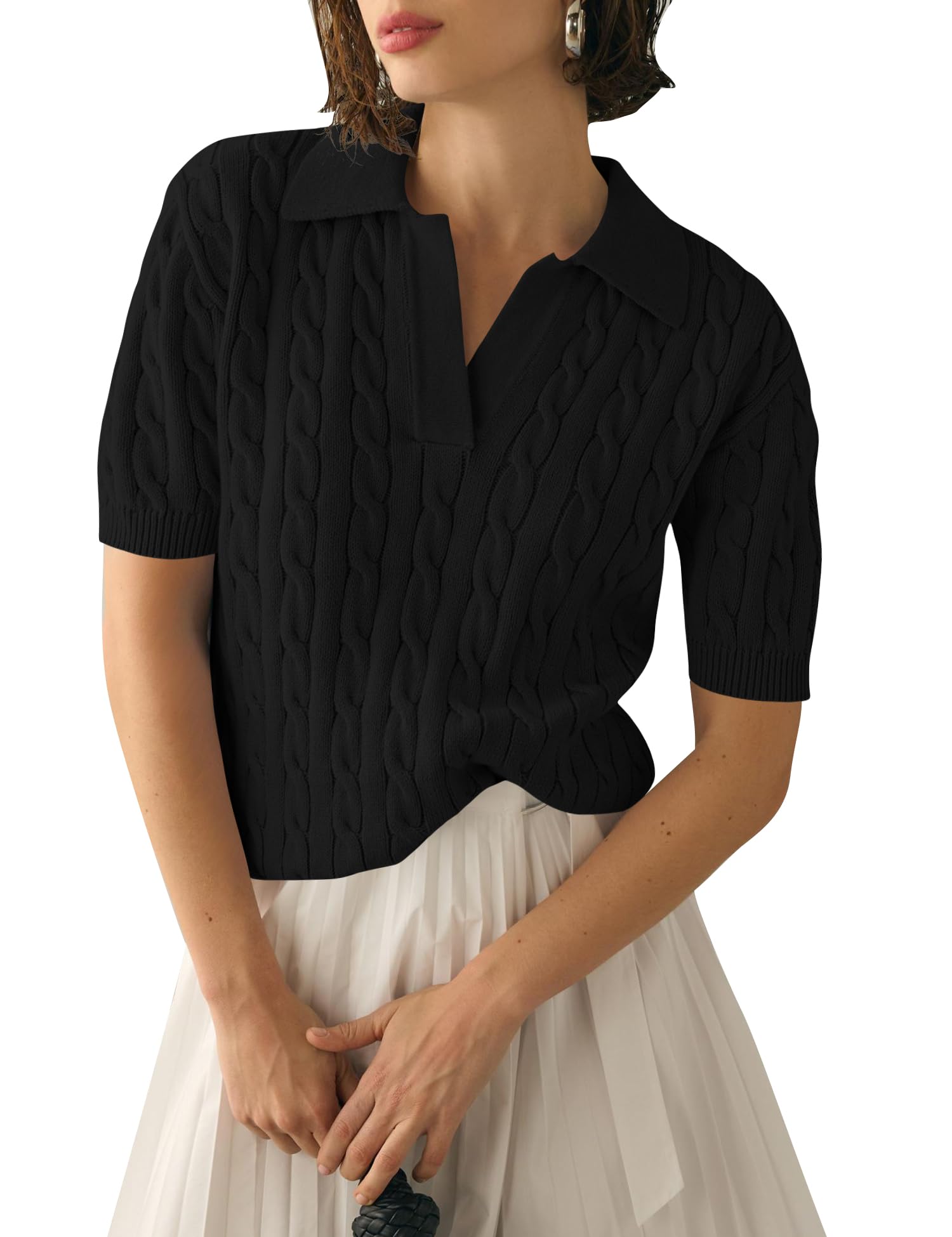 Micoson Womens Short Sleeve Sweater Tops Lapel V Neck Loose Shirts 2025 Summer Cable Knit Business Casual Outfits