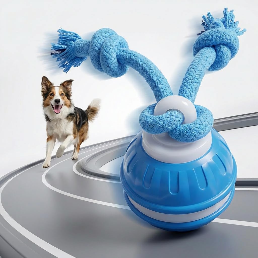 Interactive Dog Toys, Auto Motion Rolling Ball with Tail - Smart Obstacle Avoidance & Bird Chirping Sound, Durable Chew-Resistant Rope Knot for Active Playtime and Teeth Cleaning Puppy Dog Ball Toy